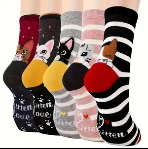 Cat-Themed Striped and Polka Dot Socks Set, 5 pair